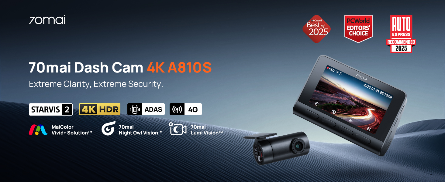Amazon.com: 70mai A810S 4K Dual Dash Cam Front & Rear, STARVIS 2